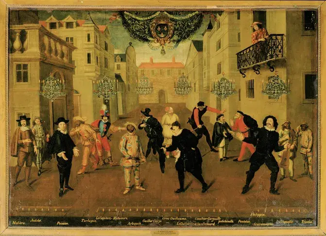 Les Farceurs français et italiens depuis 60 ans et plus peints en 1670, huile sur toile anonyme, 1670