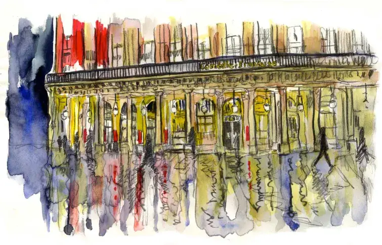La Salle Richelieu vue de la place Colette, un soir de première, dessin de Damien Roudeau