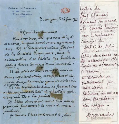 Lettre de Paul Claudel à Jean-Louis Barrault