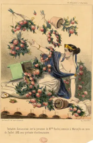 Mlle Rachel, journal La Caricature, « Tentative d’assassinat sur la personne de Mlle Rachel commise à Marseille au mois de juillet 1843 sous prétexte d’enthousiasme »