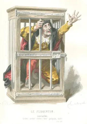 Gravure de « Le Florentin » : rôle d’Harpagême, dessin d’Emile Bayard, gravure de Follet