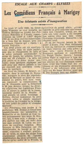 La Comédie-Française au Théâtre Marigny, article de presse du 3 août 1935 paru dans "Comoedia"