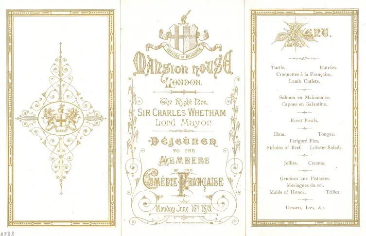 Menu du déjeuner en l’honneur de la Comédie-Française lors de la première tournée officielle à Londres en 1879