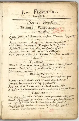 Manuscrit de souffleur de « Le Florentin » : comédie en 1 acte en vers de Jean de La Fontaine, [1685]
