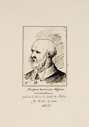 Croquis dessiné par  Philoclès Regnier au Conservatoire. Dessin à la plume, 1860.