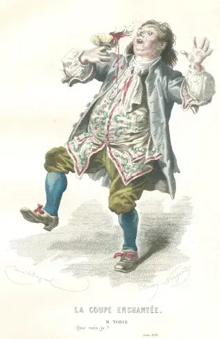 Gravure de « La Coupe enchantée » : rôle de M. Tobie, dessin d’Emile Bayard, gravure d’Adrien Nargeot
