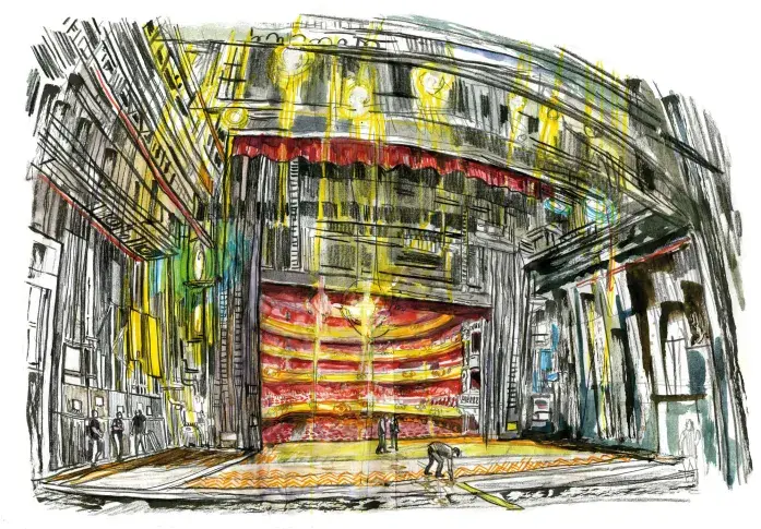 Le plateau de la Salle Richelieu, vue du lointain, dessin de Damien Roudeau