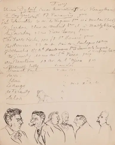 Listes et portraits des membres du jury du concours d’entrée au Conservatoire dessinés par Béatrix Dussane, [1900-1950].