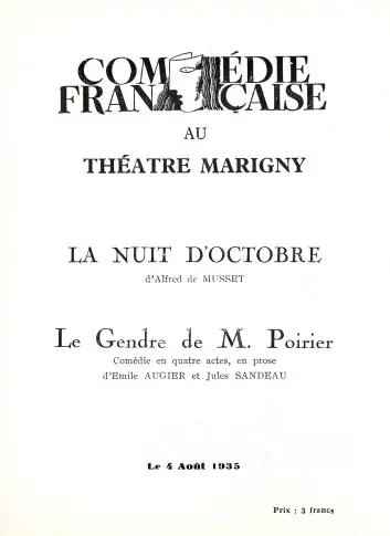 Programme du 4 août 1935, "La Nuit d'octobre", "Le Gendre de M. Poirier", Théâtre Marigny