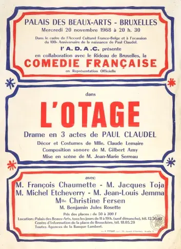 Affiche de la tournée en Belgique, à Bruxelles, 1968. "L'Otage" de Paul Claudel