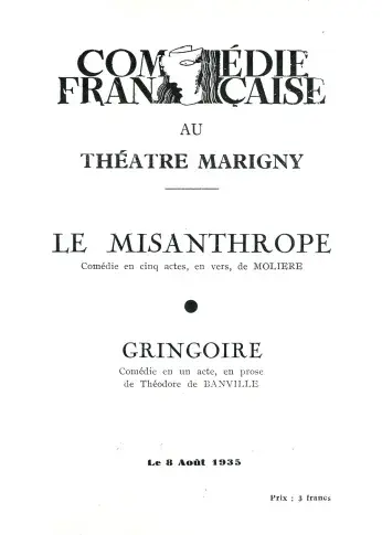 Programme du 8 août 1935, "Le Misanthrope", "Gringoire", Théâtre Marigny