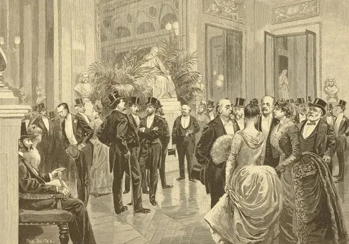 "A "first night" at the Théâtre Français : the foyer", gravure publiée en Angleterre d’après le dessin de P. Destez, [1887], album Pasteur