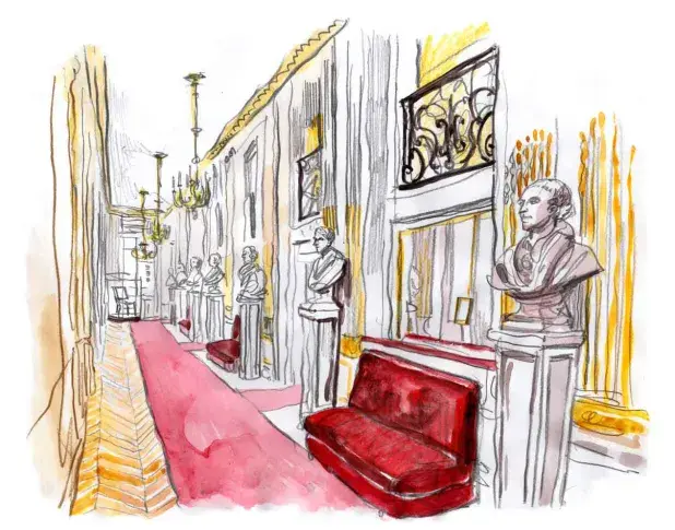 La Salle Richelieu, la galerie des bustes avec le fauteuil de Molière, dessin de Damien Roudeau