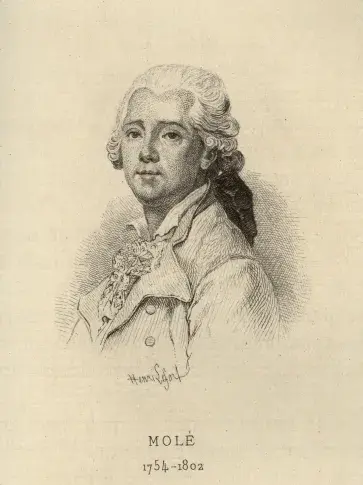 Portrait de Molé, professeur au Conservatoire de 1786 à 1789. Gravure par Henri Lefort.