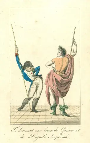 Talma donnant une leçon de grâce et de dignité impériale. Caricature anonyme.