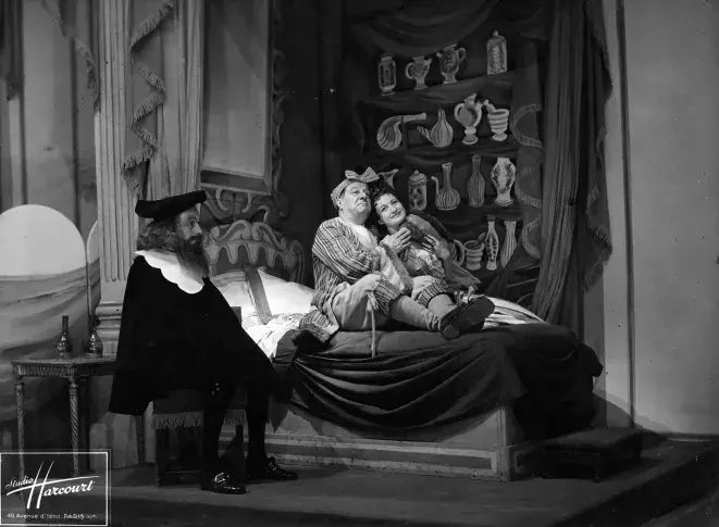 « Le Malade imaginaire », 1944, mise en scène de Jean Meyer, avec Jean-Louis Le Goff (Monsieur Bonnefoy), Raimu (Argan), Louise Conte (Béline)