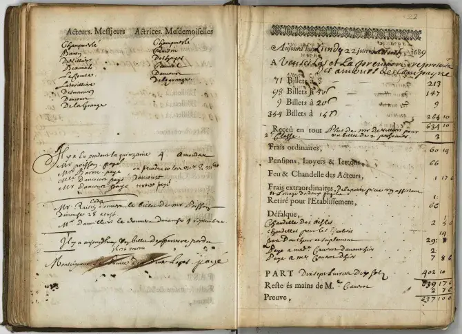 Double-page du registre journalier de la Comédie-Française, 22 août 1689, première représentation de « Le Veau perdu » de Champmeslé et Jean de la Fontaine