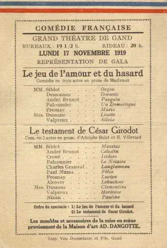 Programme de la tournée de la Comédie-Française au Grand Théâtre de Gand en 1919