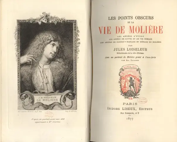Points obscurs de la vie de Molière, par Jules Loiseleur : frontispice et page de titre, 1877