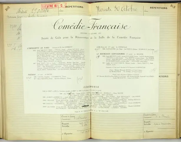 Registre journalier de la Comédie-Française, le 30 octobre 1935, soirée de gala pour la réouverture de la salle Richelieu