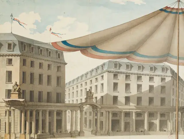 Vue perspective de la place et des aménagements, dans le cadre du projet de transformation du Théâtre de la Nation en « Théâtre du Peuple », dessin de De Wailly, 1794