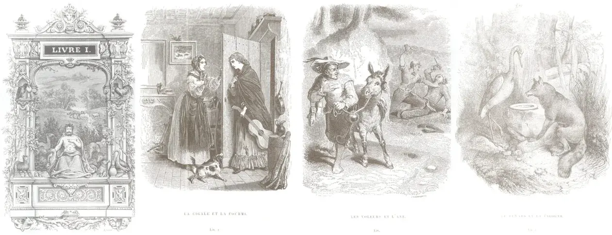 Gravure des Fables : Livre I, reliée dans « Les Œuvres de J. de La Fontaine », 1877