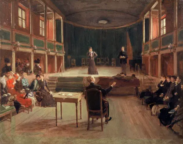 "La classe de Le Bargy au Conservatoire", par Jean Béraud. Huile sur toile, 1899.