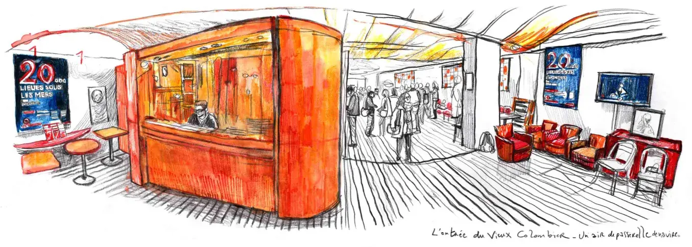 L’entrée du Théâtre du Vieux-Colombier, un air de passerelle de navire avant la rénovation de 2017, dessin de Damien Roudeau