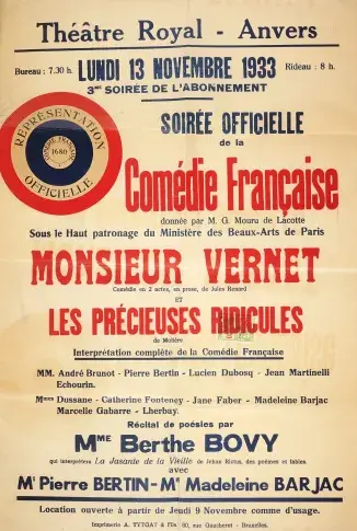 Affiche de la tournée de la Comédie-Française au Théâtre Royal d’Anvers en 1933