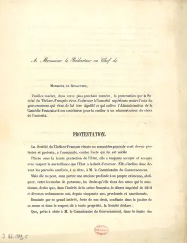 Protestation des sociétaires contre la nomination d’un administrateur (texte imprimé envoyé aux journaux), 1849