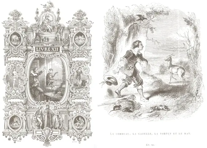 Gravure des Fables : Livre XII, reliée dans « Les Œuvres de J. de La Fontaine », 1877