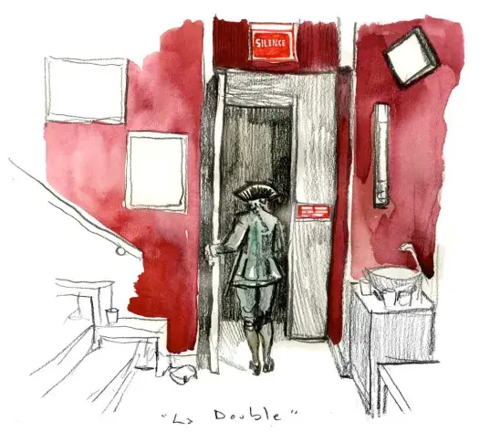La Salle Richelieu, entrée par les coulisses, dessin de Damien Roudeau