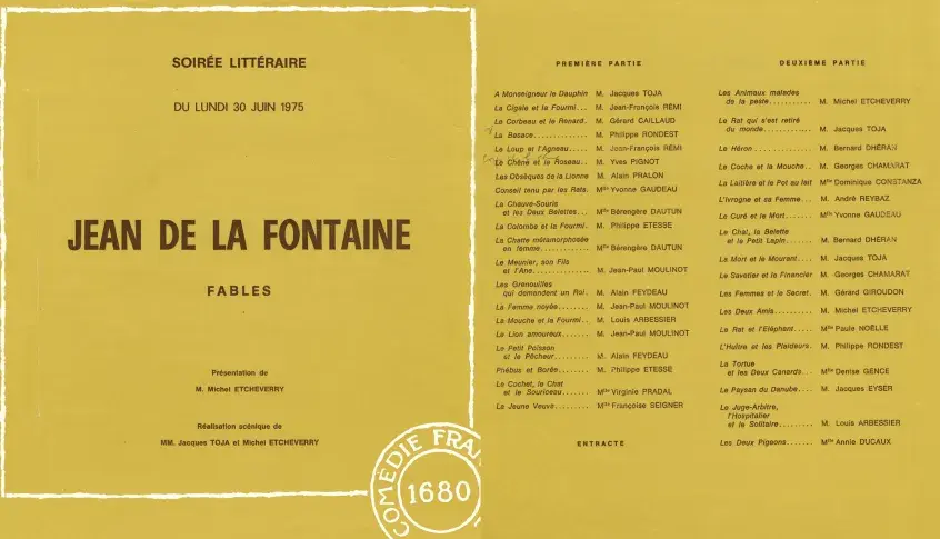 Programme de la soirée littéraire « Jean de la Fontaine : Fables », 1975