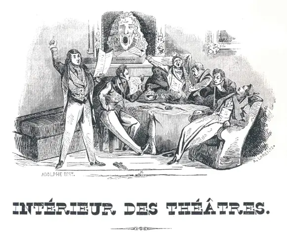 Intérieur des théâtres : lectures de pièces, caricature d’Adolphe Best dans Le Monde dramatique, tome premier, 1835