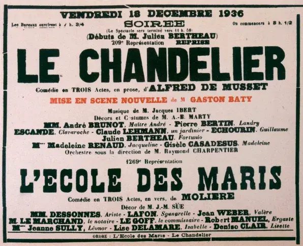 Affiche du "Chandelier" d’Alfred de Musset, mise en scène de Gaston Baty, 1936