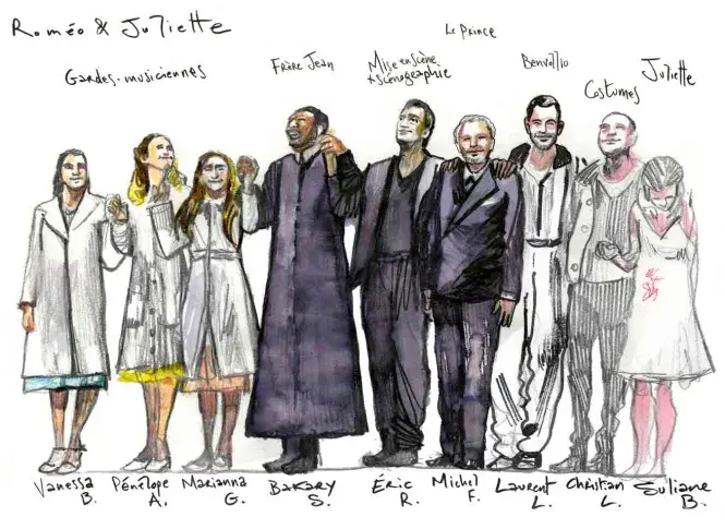 Saluts à l'issue de l’une des premières représentations de "Roméo et Juliette" de Shakespeare à la Salle Richelieu le lundi 7 décembre 2015, dessin de Damien Roudeau