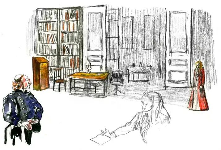 Scène de "Père" de Strindberg, mise en scène d’Arnaud Desplechin, avec Michel Vuillermoz dans le rôle du Capitaine et Anne Kessler dans le rôle de Laura, dessin de Damien Roudeau
