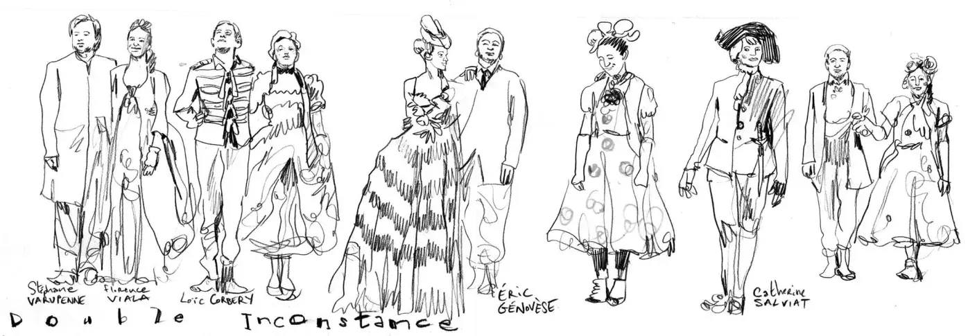 Les comédiens de "La Double inconstance" de Marivaux, mise en scène d’Anne Kessler, dessin de Damien Roudeau