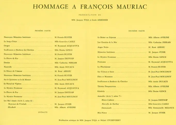 Programme de l’"Hommage à François Mauriac", 1975, Théâtre Marigny
