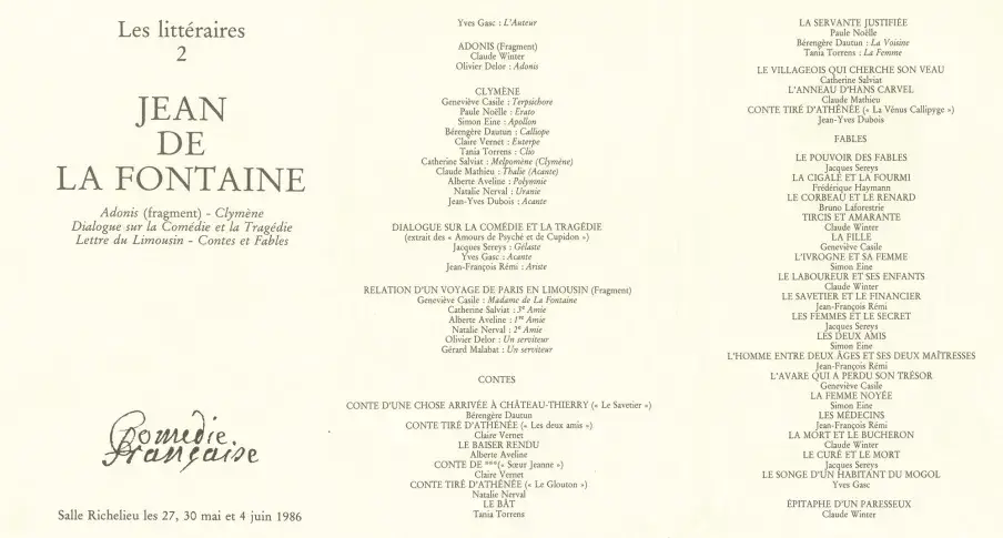 Programme de la soirée littéraire « Jean de la Fontaine », 1986