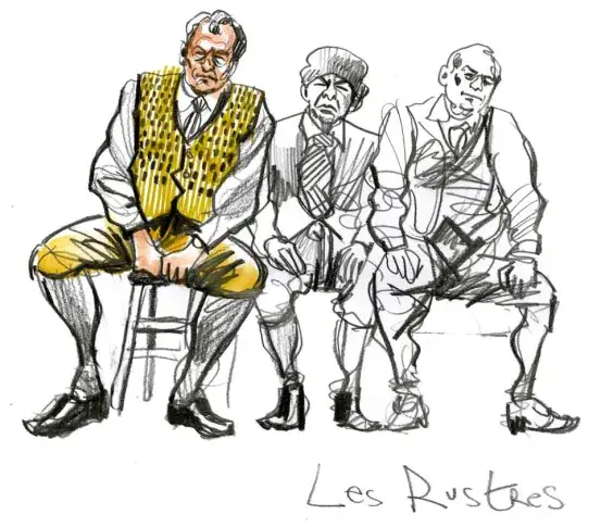 Scène des "Rustres" de Carlo Goldoni, mise en scène de Jean-Louis Benoit, au Théâtre du Vieux-Colombier, dessin de Damien Roudeau