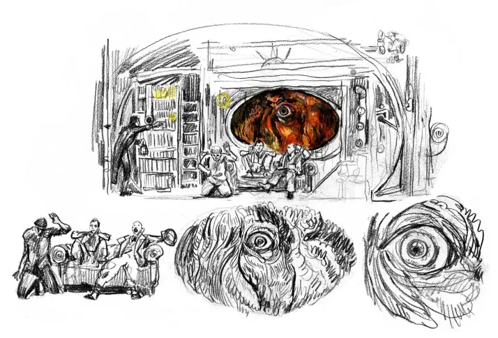 Scène et décor de "20000 lieues sous les mers" de Jules Verne, mise en scène de Christian Hecq au Théâtre du Vieux-Colombier, dessin de Damien Roudeau
