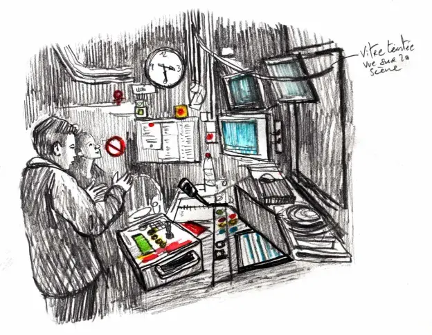 La Régie scène de la Salle Richelieu, vigie des spectacles, dessin de Damien Roudeau