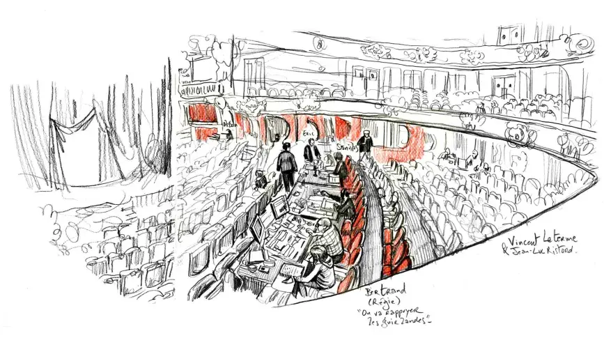 La Régie son et la Régie lumière installées à l'orchestre pendant une répétition de "Roméo et Juliette" de Shakespeare, dessin de Damien Roudeau
