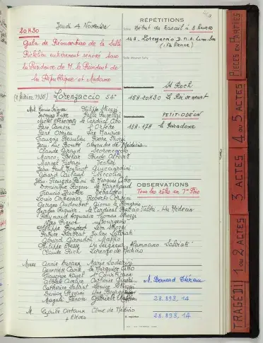 Registre journalier de la Comédie-Française, le 4 novembre 1976, réouverture de la salle Richelieu