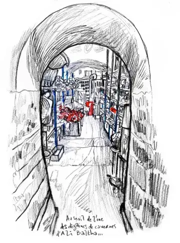 La réserve des accessoiristes au premier sous-sol de la galerie de Chartres qui conduit au Ministère de la Culture, dessin de Damien Roudeau