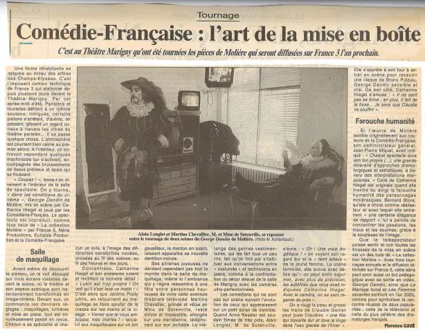 Tournage des pièces de Molière au Théâtre Marigny, article de presse du 3 août 1999 paru dans "Le Figaro-Aurore"