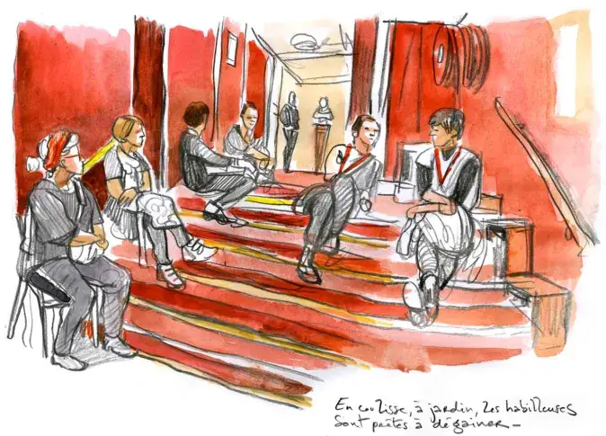 Les habilleuses en coulisses attendent les comédiens, dessin de Damien Roudeau
