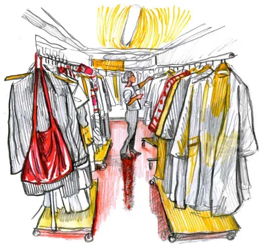 Les costumes sur des portants par spectacles, dessin de Damien Roudeau