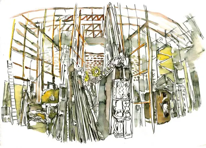 Les cases à décors aux ateliers de Sarcelles, dessin de Damien Roudeau
